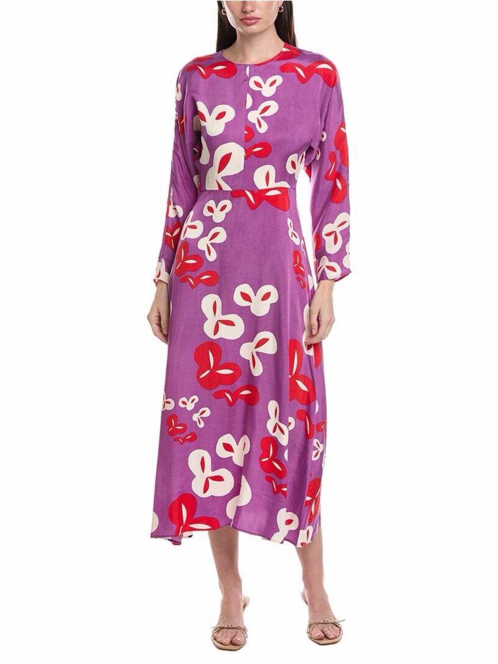 Marimekko Rytmi Poiminto Purple Floral Print Long Sleeve Midi Dress Sz 34 XS